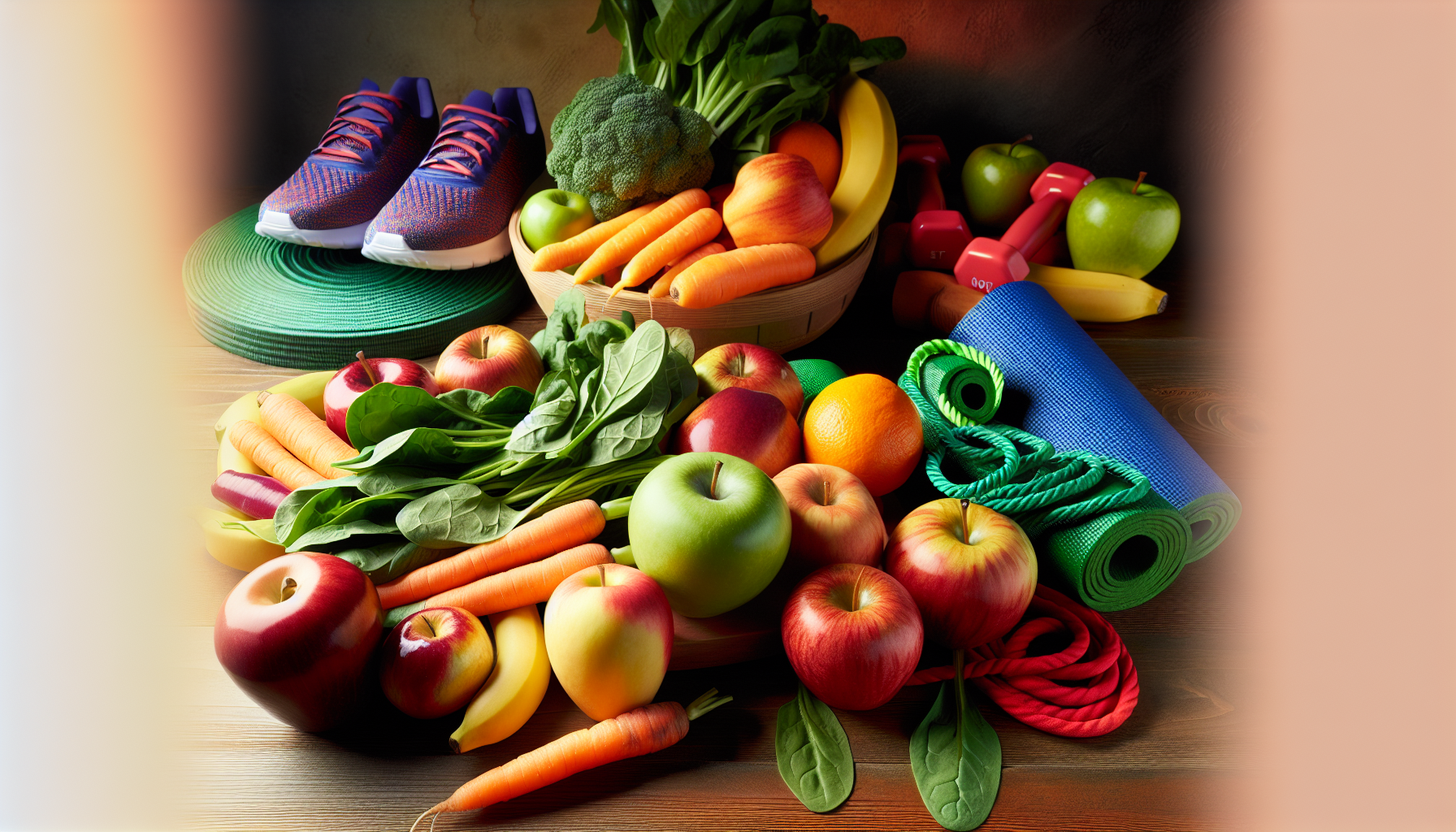 Healthy lifestyle and wellness concept with fruits, vegetables, and exercise equipment