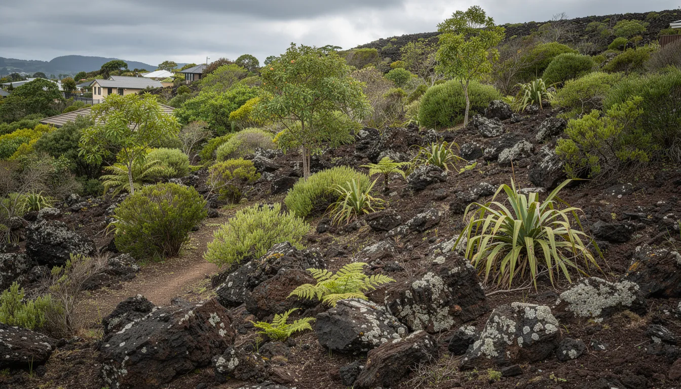 The image depicts a rocky volcanic terrain in the hillside suburbs of Auckland, adorned with native bush vegetation. This landscape showcases the natural beauty of the area, which may require professional stump removal services for any tree stumps that disrupt the surrounding environment.