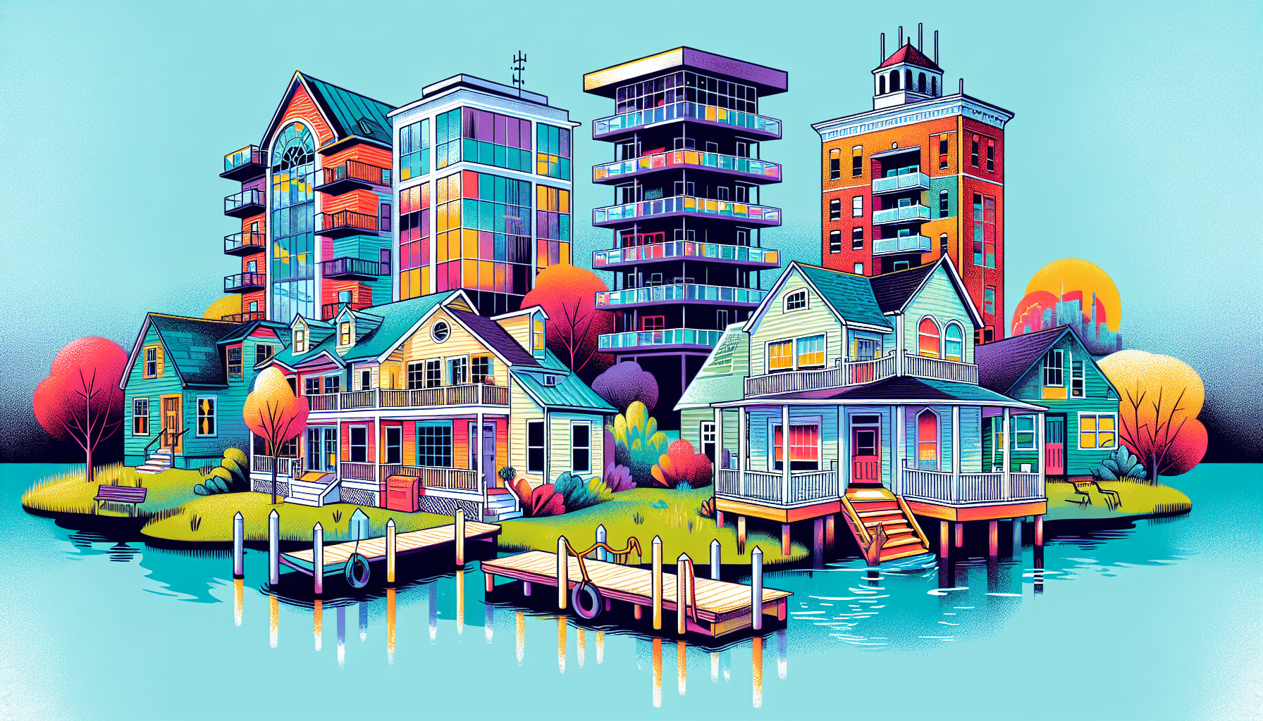 Colorful illustration of diverse rental properties in Maryland