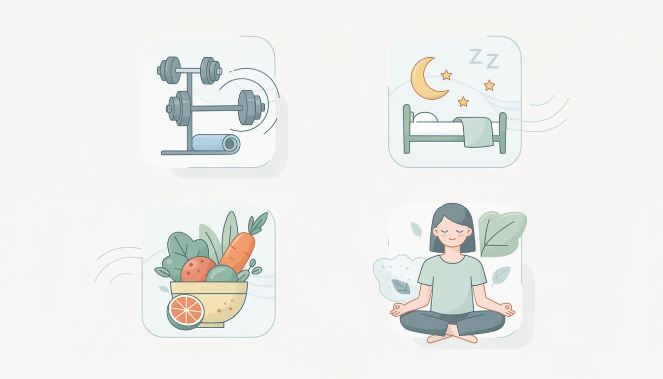 The image features various icons symbolizing healthy lifestyle factors, including exercise equipment, a sleep symbol, healthy food items, and imagery representing relaxation. These elements collectively promote the idea of maintaining longer telomeres and overall biological health, which can help combat aging and reduce the risk of chronic diseases.