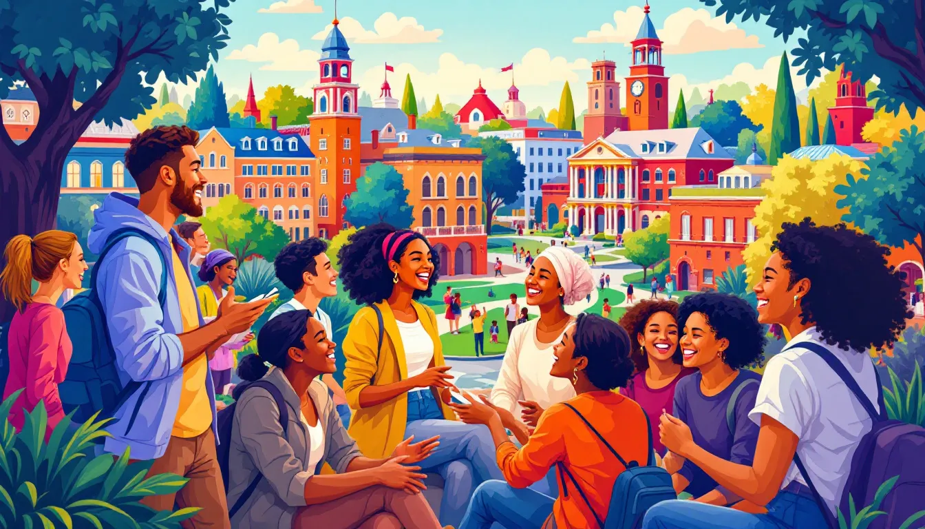 Un groupe d'étudiants partageant des expériences de vie sur le campus.