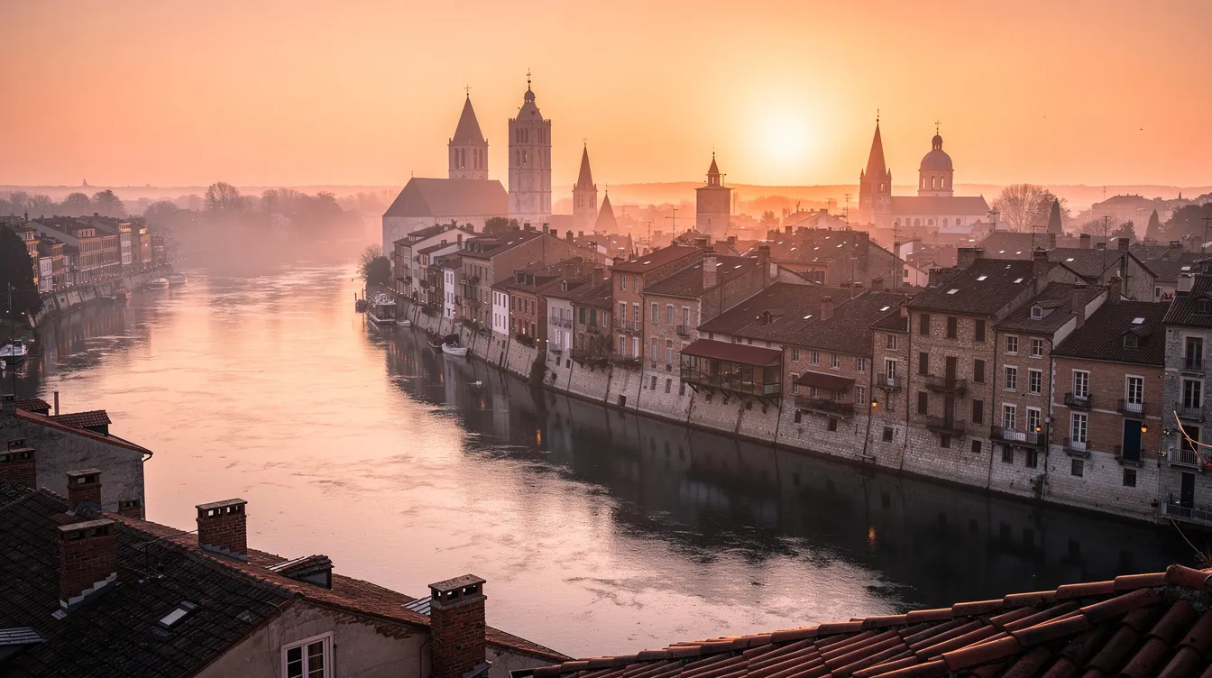 A imagem mostra uma vista deslumbrante de uma cidade histórica europeia ao pôr do sol, com o rio Vístula refletindo as cores quentes do céu. Ao fundo, destacam-se as torres góticas da catedral de Wawel, simbolizando a rica história e cultura da Polônia.
