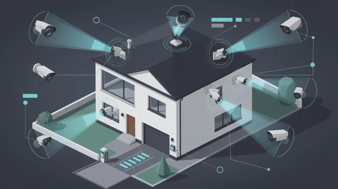 Security cameras installed around a residential property for monitoring.