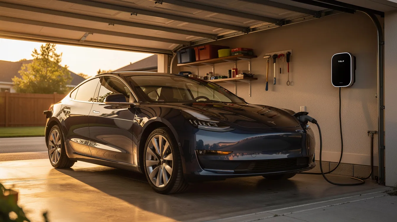 Ein Elektroauto wird in einer modernen Garage an einer Wallbox aufgeladen, während warmes Abendlicht durch das offene Garagentor strömt. Die Szene vermittelt ein Gefühl von gemütlicher E-Mobilität und der Nutzung von Lademöglichkeiten für e Autos zuhause.