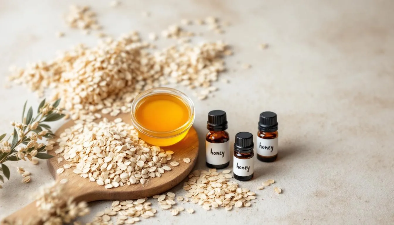 The image features an artistic arrangement of natural soap ingredients, including oats, honey, and essential oils, showcasing their textures and colors. This composition highlights the wholesome elements often found in goat milk soap and other body products.