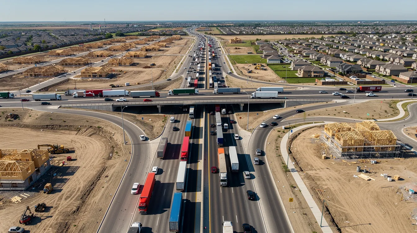 An aerial view captures a busy highway intersection surrounded by suburban construction zones, bustling with heavy truck traffic. This scene highlights the potential for truck accidents, emphasizing the importance of legal support from cypress truck accident lawyers for victims seeking to recover compensation for their losses.