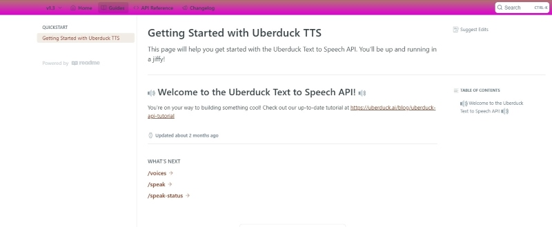screenshot of uberduck api informations for developers