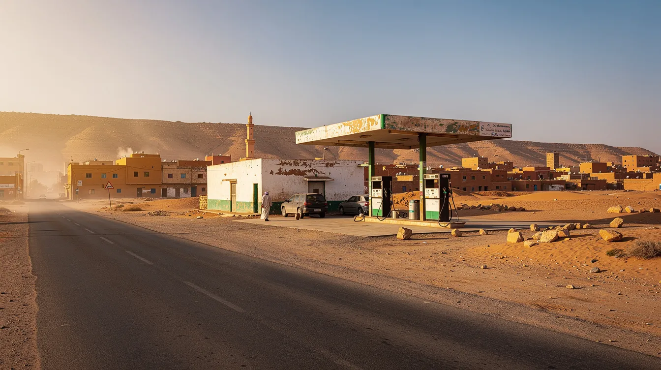 Gasolinera junto a una carretera del desierto con un pequeño pueblo al fondo.