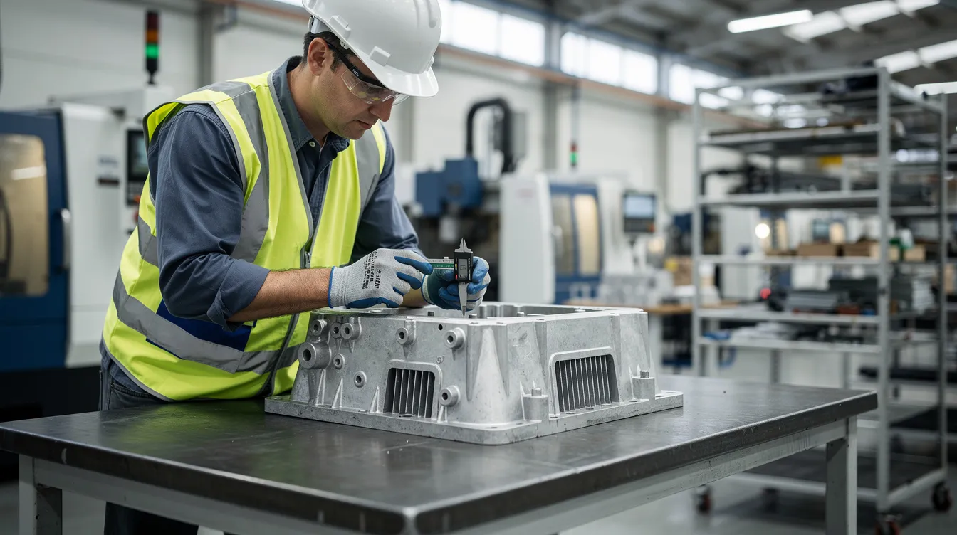 An engineer wearing safety gear is closely inspecting a freshly cast aluminum housing at a quality control station, ensuring it meets the standards of the aluminum die casting process. The setting highlights the importance of quality control in the die casting industry, particularly for casting manufacturers focused on precision and surface treatment.