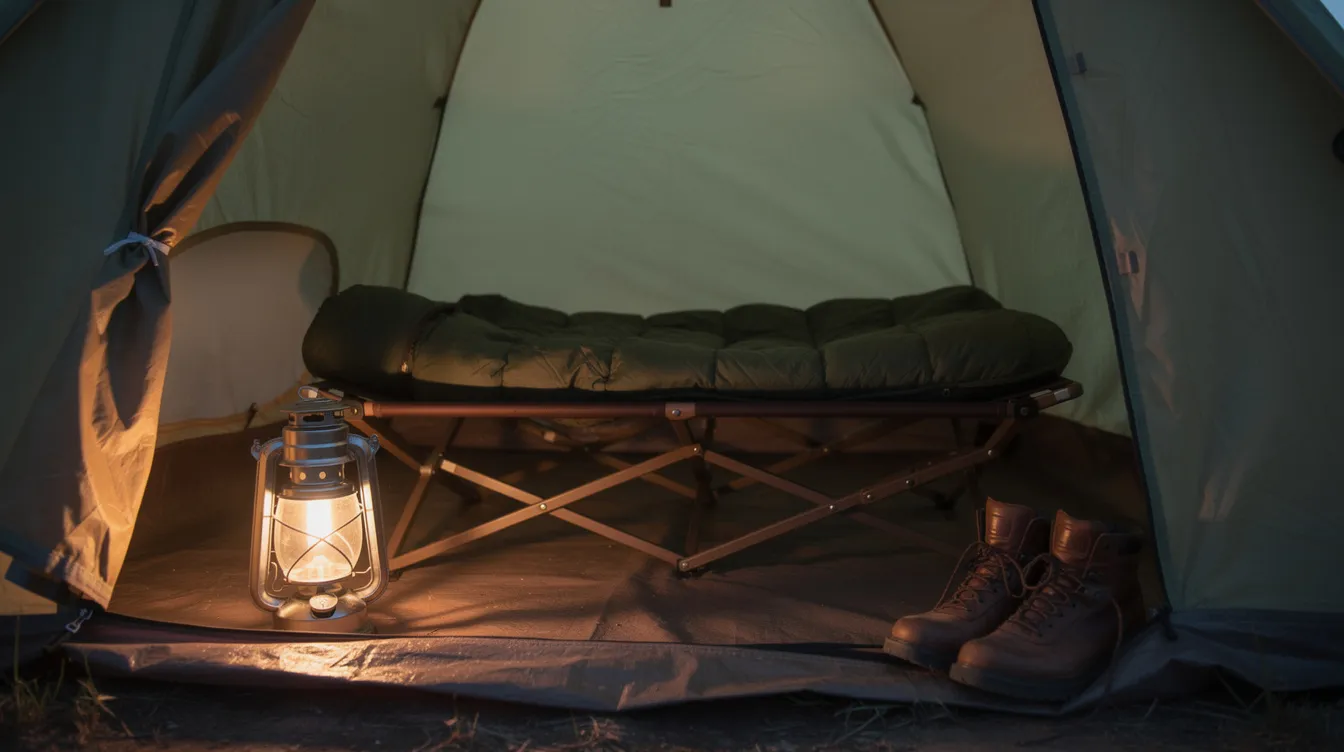 The image depicts a cozy camping setup inside a tent, featuring a camping cot with a sleeping bag laid out on top, a lantern for light, and a pair of boots neatly placed nearby. This arrangement provides a comfortable sleeping surface for outdoor enthusiasts, ensuring a good night's sleep while enjoying nature.
