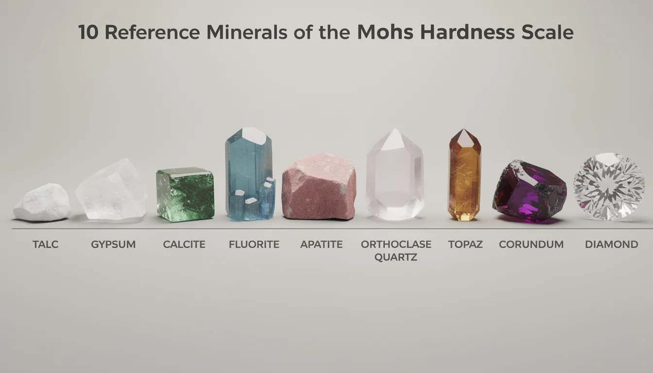 The image displays the 10 reference minerals used in the Mohs hardness scale, which measures the relative hardness of minerals from the softest, talc, to the hardest, diamond. Each mineral is represented to illustrate its position on the scale, highlighting their importance in assessing gemstone durability and scratch resistance for jewelry, including popular choices like sapphire and lapis lazuli.