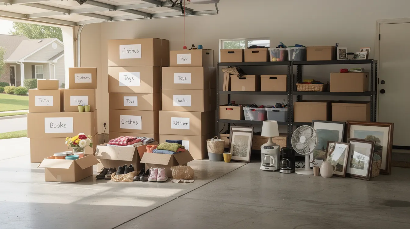 The image shows a neatly organized garage with boxes and various items sorted for donation, highlighting the responsible disposal of unwanted items. This scene reflects the process of downsizing and preparing for estate cleanouts, making it easier for families to donate usable items to local charities.