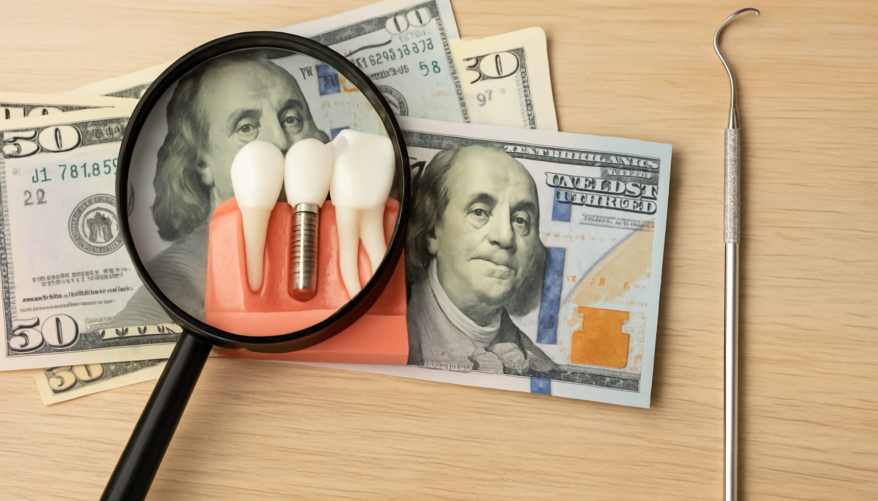 Tannimplantat pris – Hva koster det og hva får du? 14 Nærbilde av en modell av en tannimplantat med forstørrelsesglass og amerikanske dollar sedler på et lyst trebord.