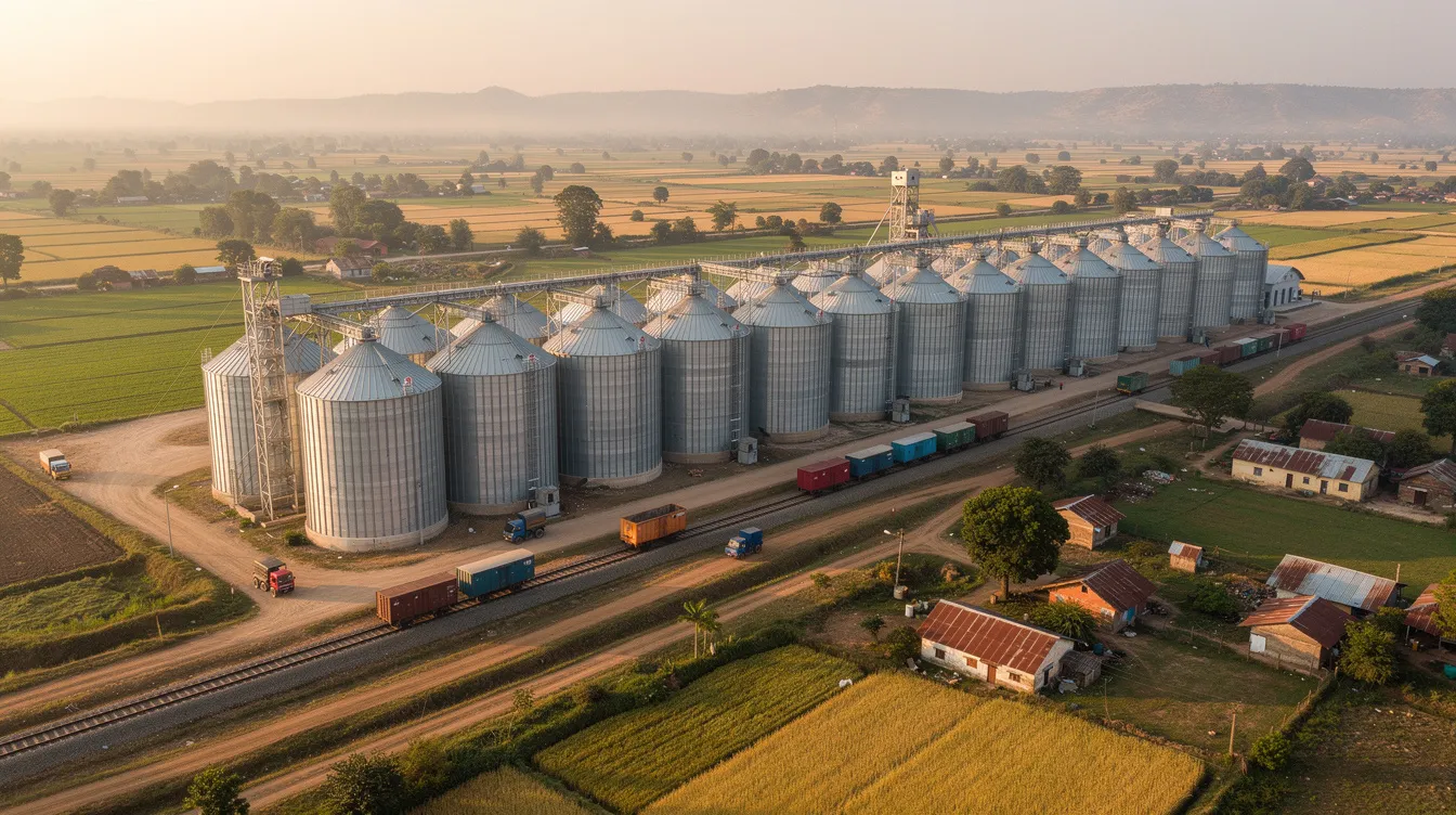 f0d3ef9a a445 4d55 8195 449c57f1e628 An aerial view showcases large steel grain silos adjacent to railway tracks in a rural Indian landscape, highlighting the grain storage facilities essential for food security and the efficient transportation of food grains. This scene illustrates the role of the food corporation in minimizing post-harvest losses and enhancing the public distribution system.