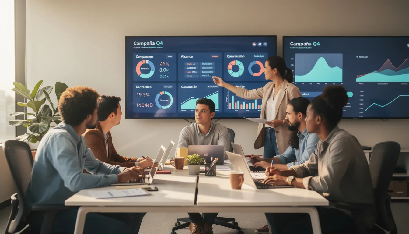 Un equipo de marketing se encuentra analizando datos en varias pantallas, discutiendo estrategias para mejorar el posicionamiento web y la visibilidad del sitio. En la imagen se puede observar a los miembros del equipo concentrados en la información y resultados de búsqueda, buscando optimizar la experiencia de los usuarios en la página de preguntas frecuentes.