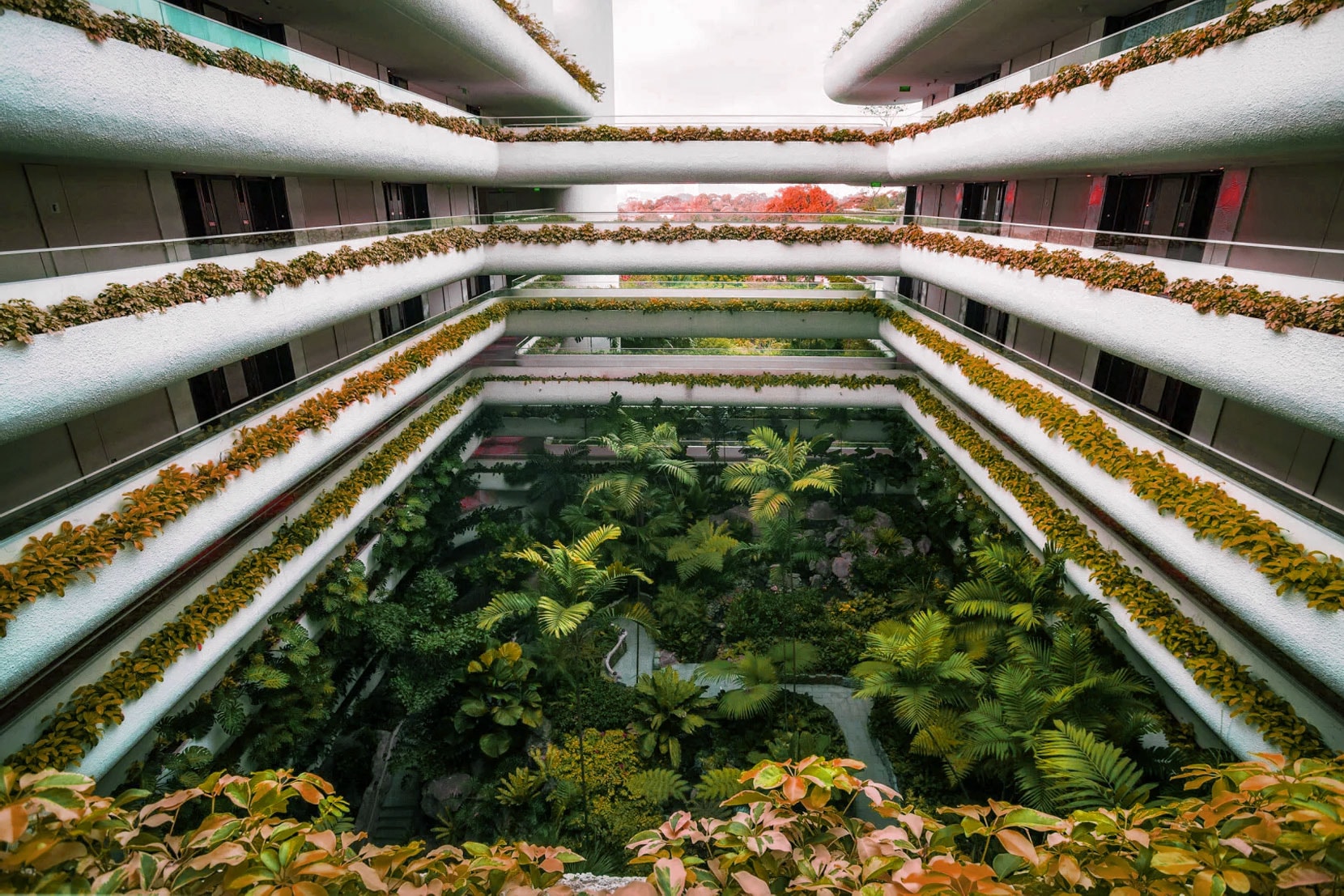 Atrium view of a modern building with lush greenery. Multiple balconies lined with plants surround a vibrant garden below, creating a serene, natural atmosphere.