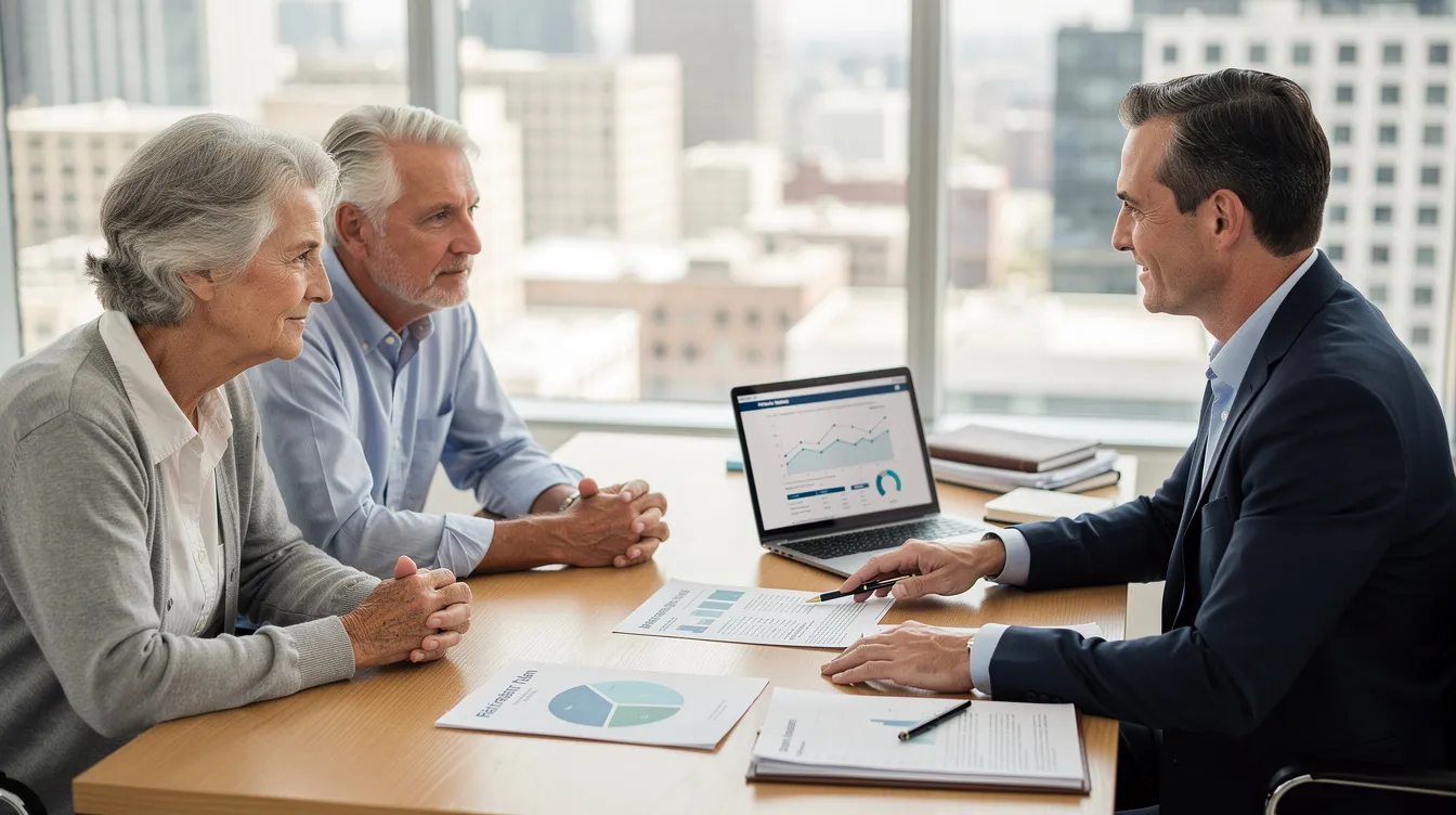 A professional financial advisor meets with a retired couple in a well-lit office, discussing retirement savings strategies, including options for a gold IRA and the benefits of purchasing precious metals. The scene conveys trust and expertise, highlighting the importance of informed decisions in securing their retirement money.