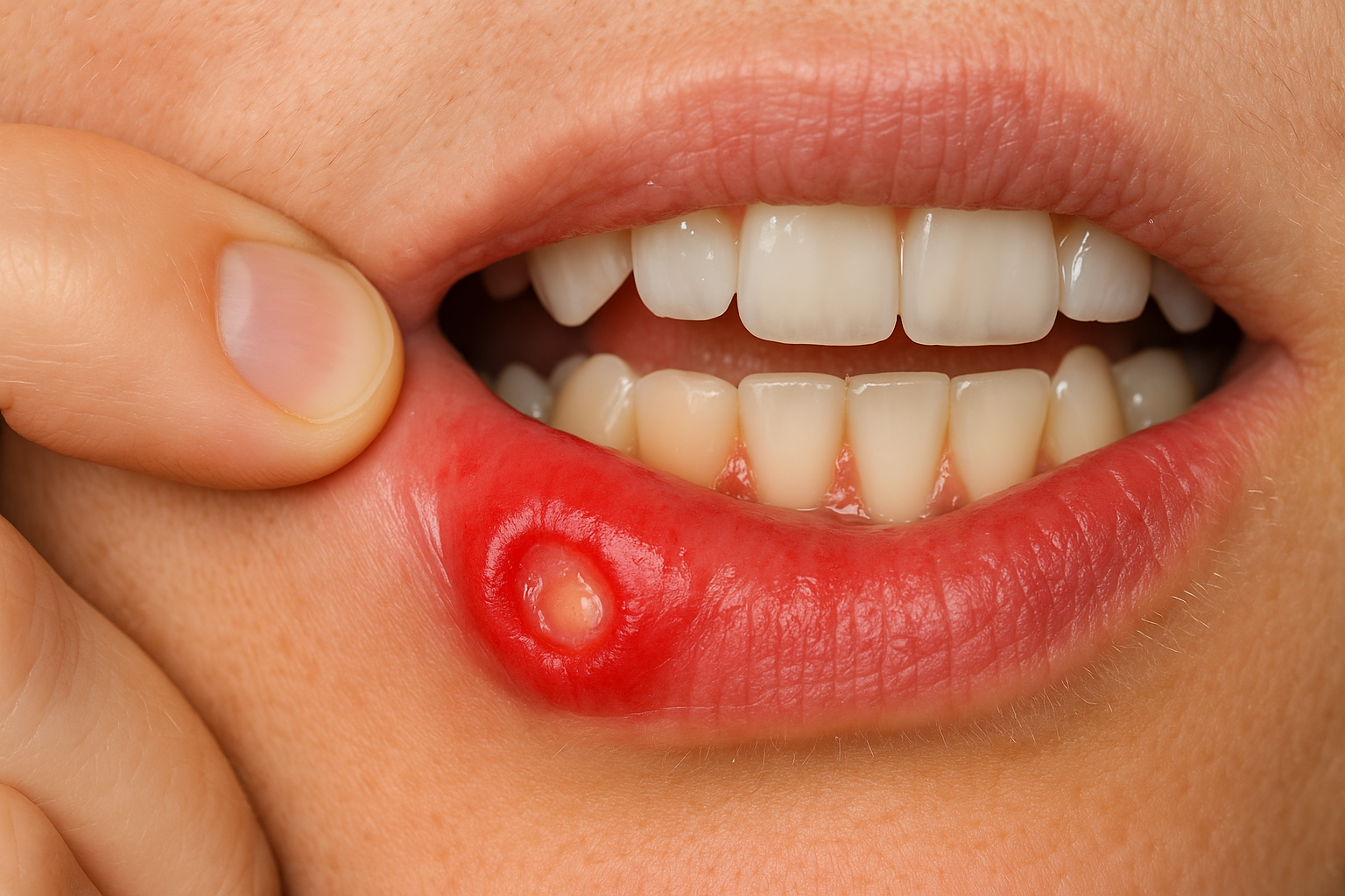 Rød og hoven munnslimhinne med sår i underleppen, viser tegn på betennelse og ubehag i munnhulen uten synlig blødning. betennelse i kroppen vev celler eksempler går huden ledd blodårene skadet dempe kalles 