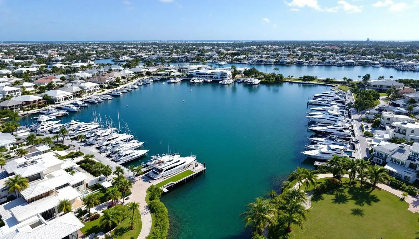 An aerial view of the Tarpon Point marina community in Cape Coral, Florida showcases luxury waterfront homes surrounded by lush tropical landscaping and boats docked at the marina. The image highlights the community's resort-style amenities, including a pool, tennis courts, and boutique shops, all located within walking distance of fine dining options along the Caloosahatchee River.