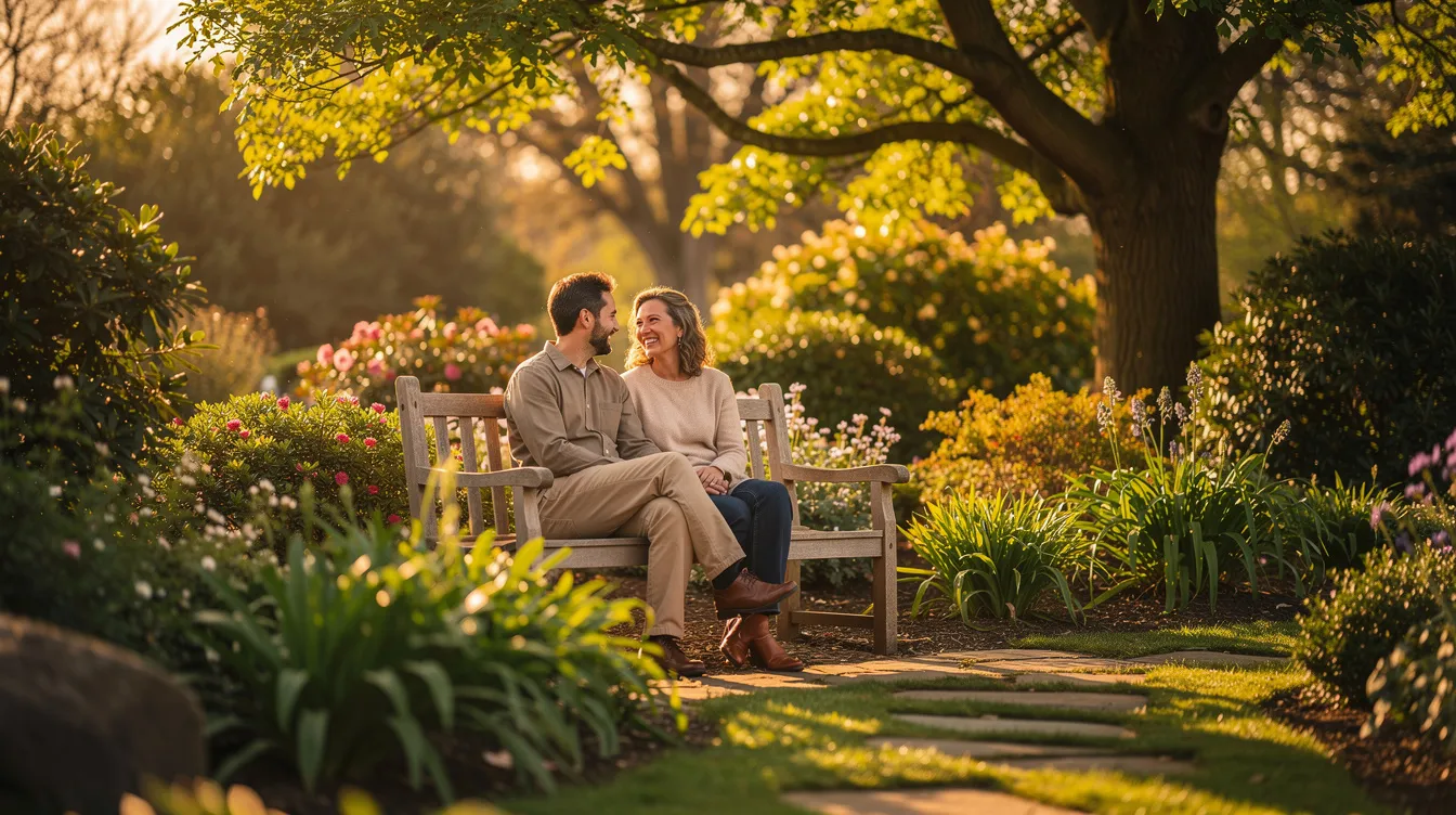 Two people are sitting closely together in a serene garden filled with vibrant greenery, symbolizing their journey towards lasting recovery from drug and alcohol addiction. This peaceful setting reflects the importance of mutual support and therapy sessions in their relationship dynamics as they work through their recovery process.