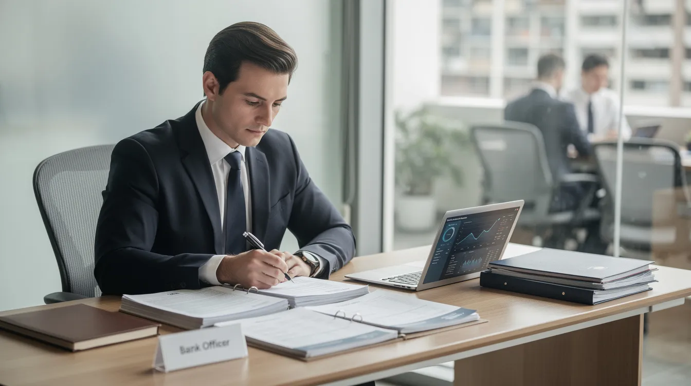 A bank officer is seated at a desk, intently reviewing a stack of documents alongside an open laptop. The scene suggests a focus on financial details, possibly related to a mudra loan project report or a detailed project report for a business plan.