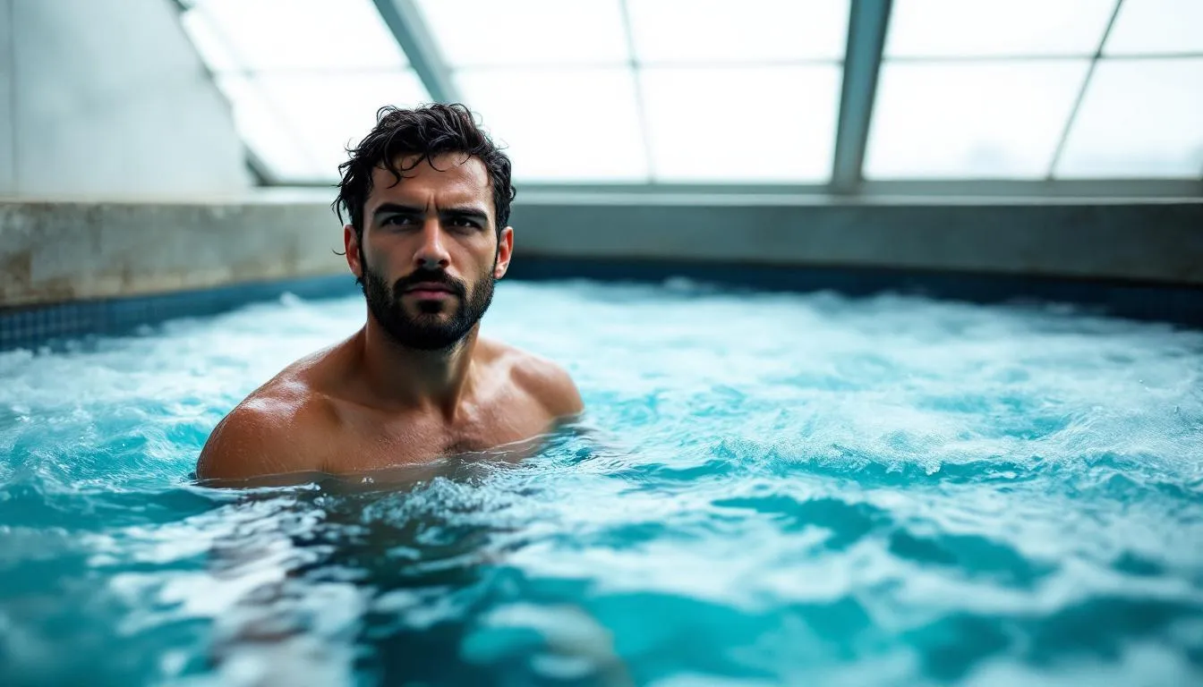 The image depicts a serene cold plunge setup, featuring a sleek, modern tub filled with icy water, surrounded by natural elements like stones and greenery, creating an ideal environment for cold exposure. This cold plunge session is designed to promote mental clarity and enhance creative thinking, making it a perfect addition to a creative work routine.
