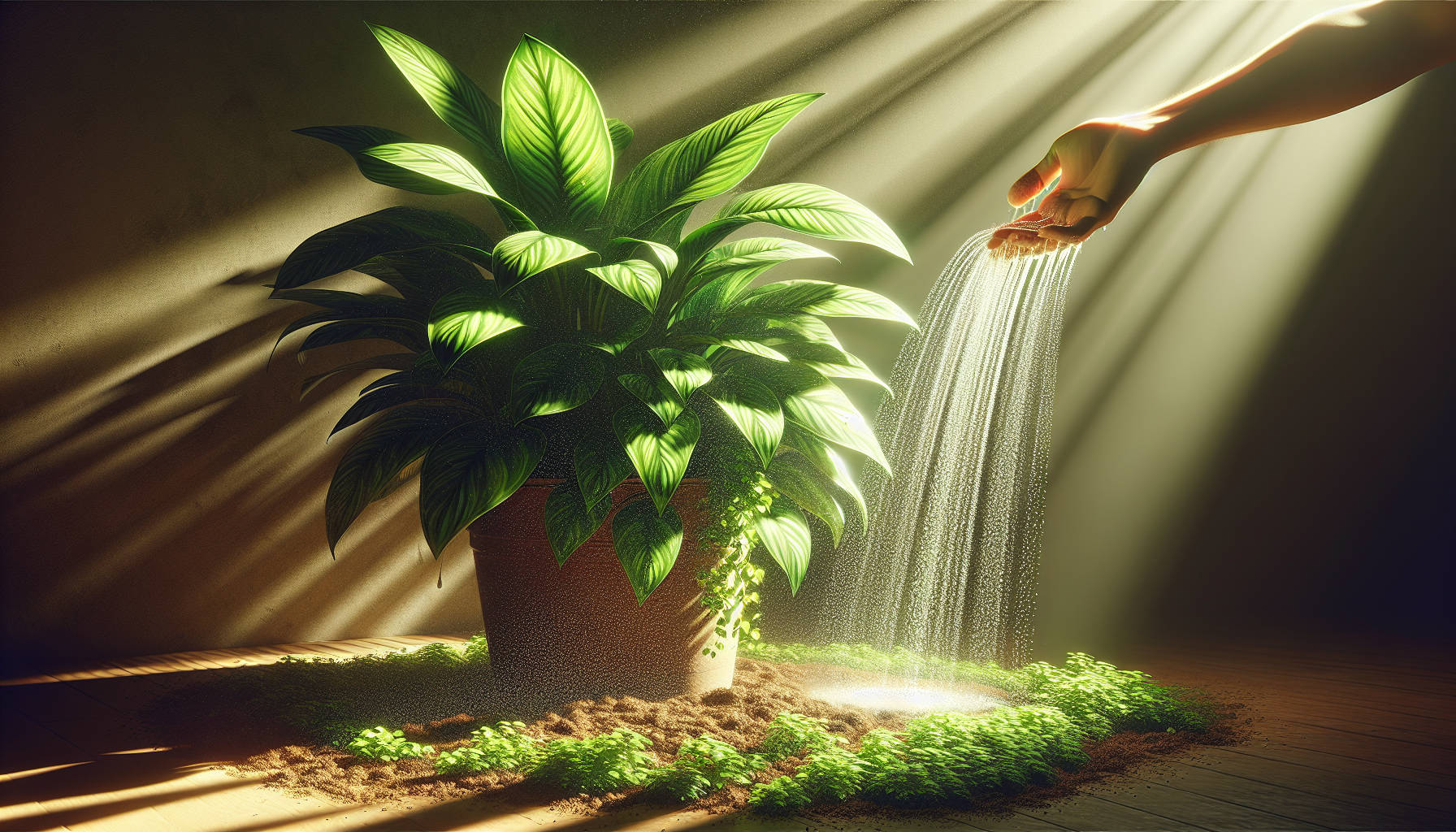 Artistic rendering of indoor plant being watered at the base