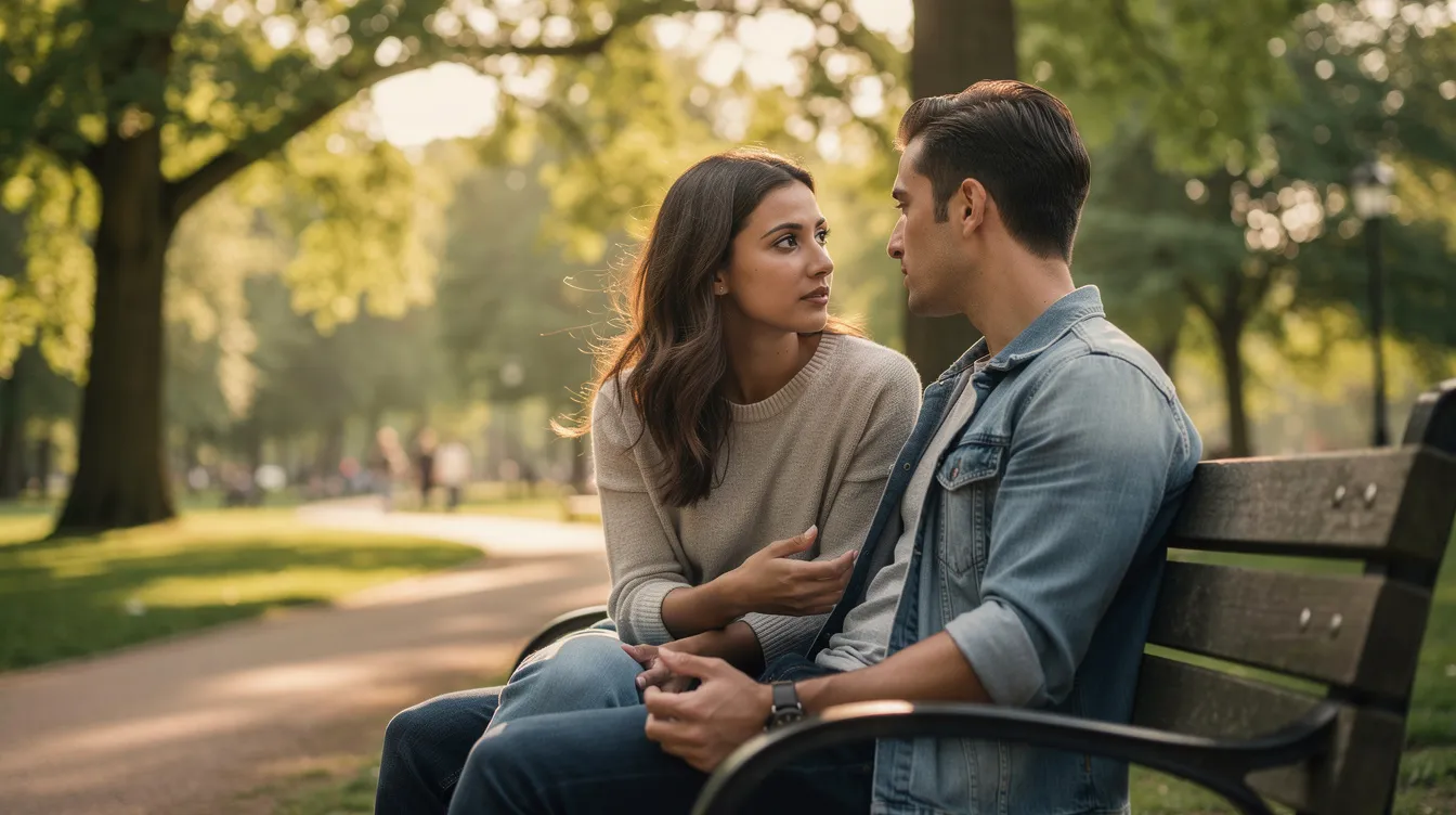 A couple sits closely on a park bench, engaged in a deep conversation that reflects their healthy relationship and commitment to effective communication. Their body language and eye contact demonstrate their connection as they actively listen to each other's feelings and share their thoughts with empathy.