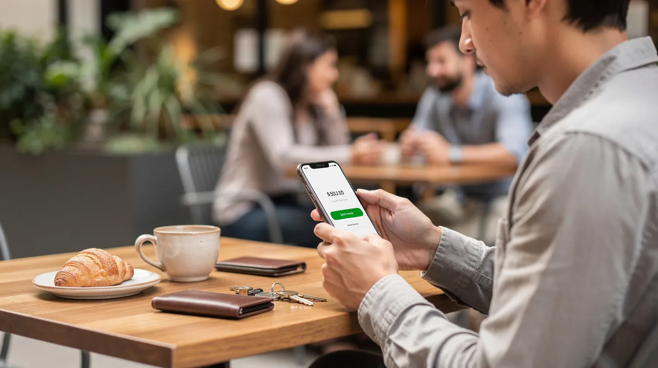 A person is sitting at a cafe, using a smartphone app to send money, likely through a payment method like PayPal or Payoneer. The scene captures the ease of making payments while enjoying a casual atmosphere.
