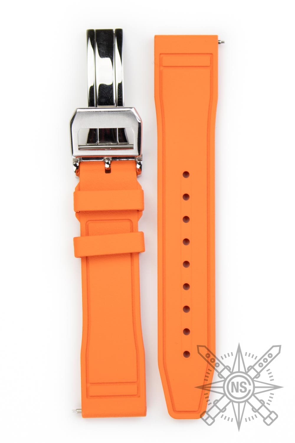 A selection of watch straps in various colors and styles, including an orange rubber strap.