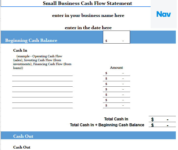 A screenshot of a cash flow statement template for Google Sheets.