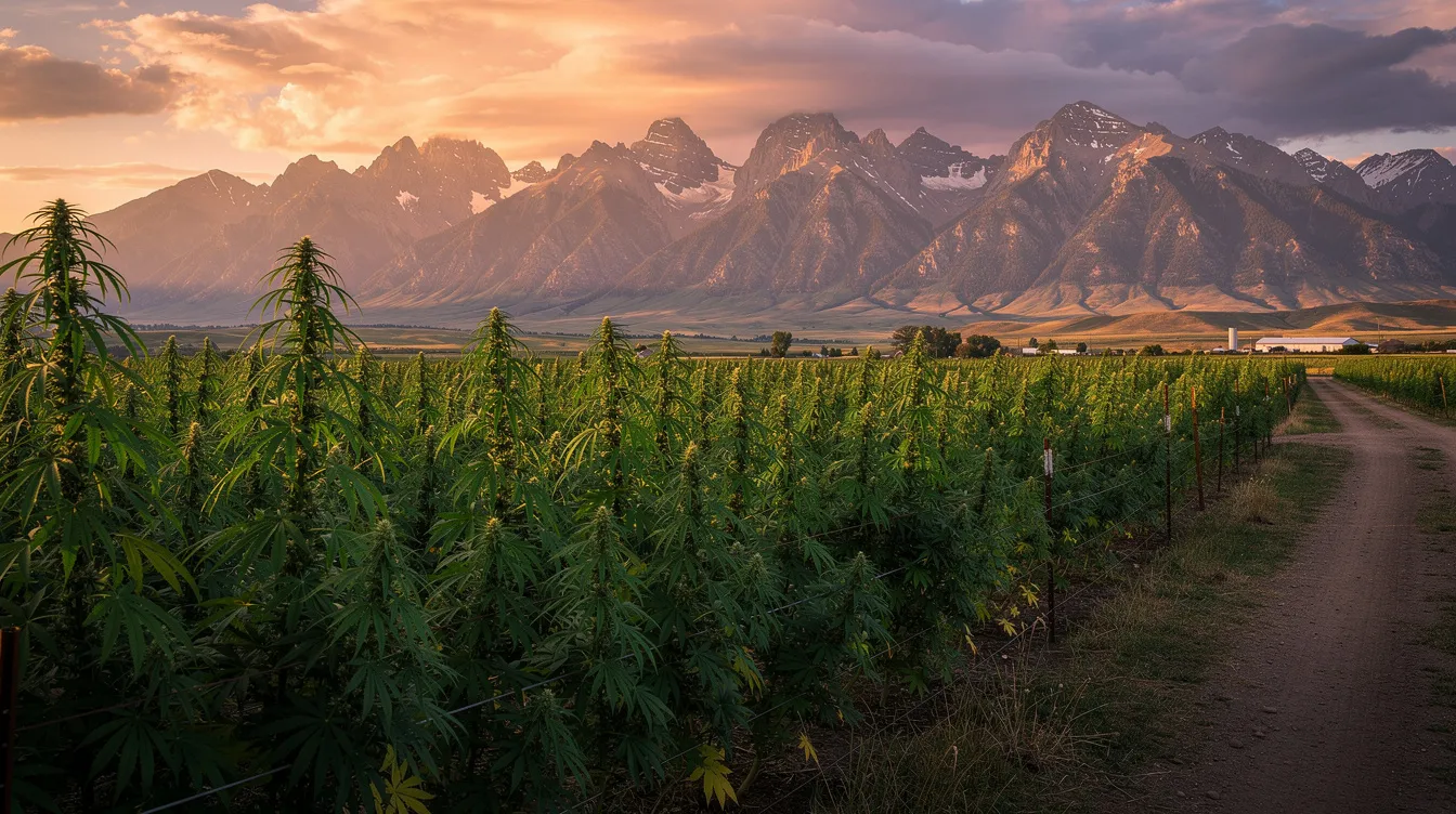 The image depicts a serene hemp field set against the backdrop of majestic mountains in Colorado during sunset, with warm hues illuminating the industrial hemp plants. This picturesque landscape symbolizes the state's progressive stance on hemp derived products and recreational marijuana, reflecting the legal framework established by Colorado state law.