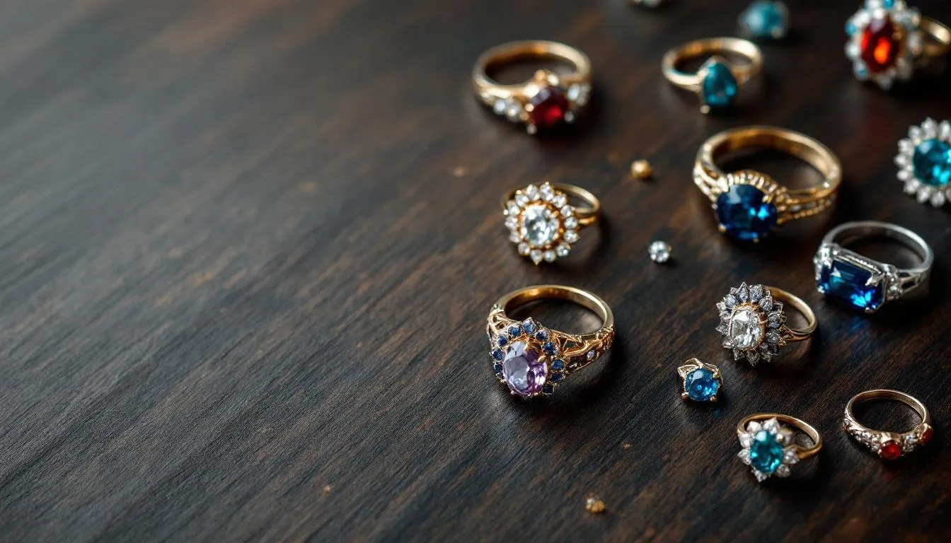 A stunning collection of vintage and modern cocktail rings showcases a variety of styles and colorful gemstones, including bold pieces with large center stones like sapphires, emeralds, and diamonds. These statement rings, perfect for special occasions or everyday wear, reflect personal style and glamour.