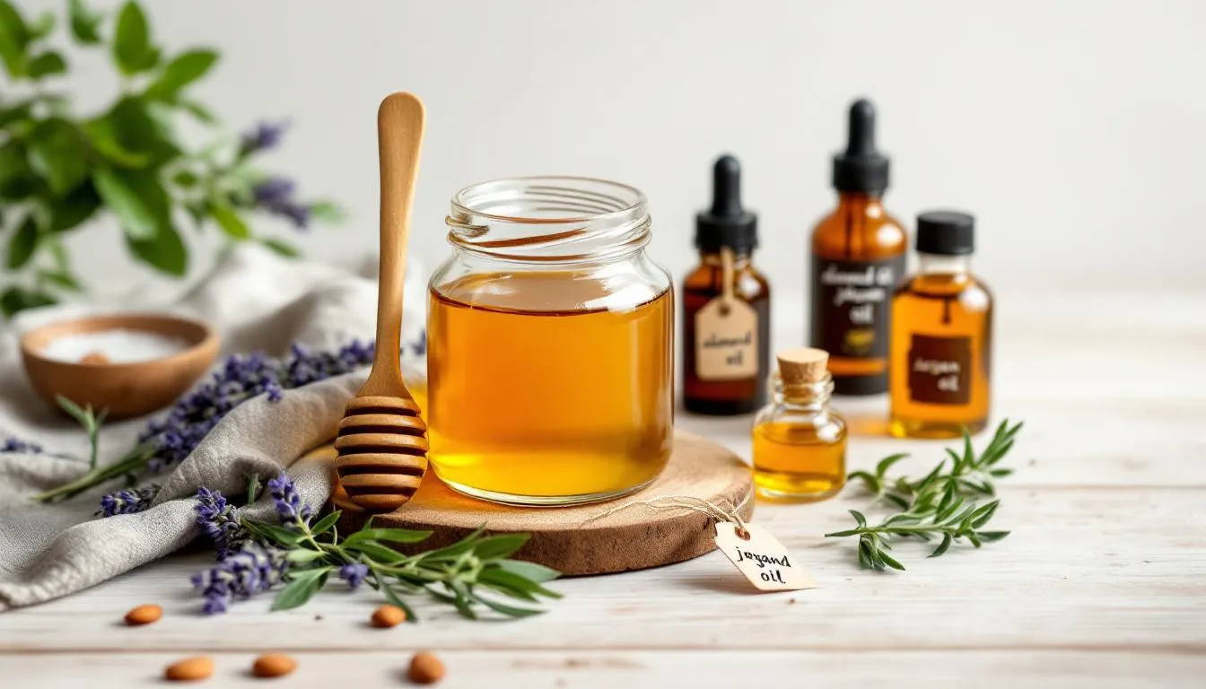 In the image, various natural skincare ingredients such as honey, oils, and shea butter are beautifully arranged, highlighting their use in cuticle care and promoting healthy nails. The display suggests a focus on moisturizing and nourishing the cuticle area, ideal for preventing dryness and maintaining nail health.