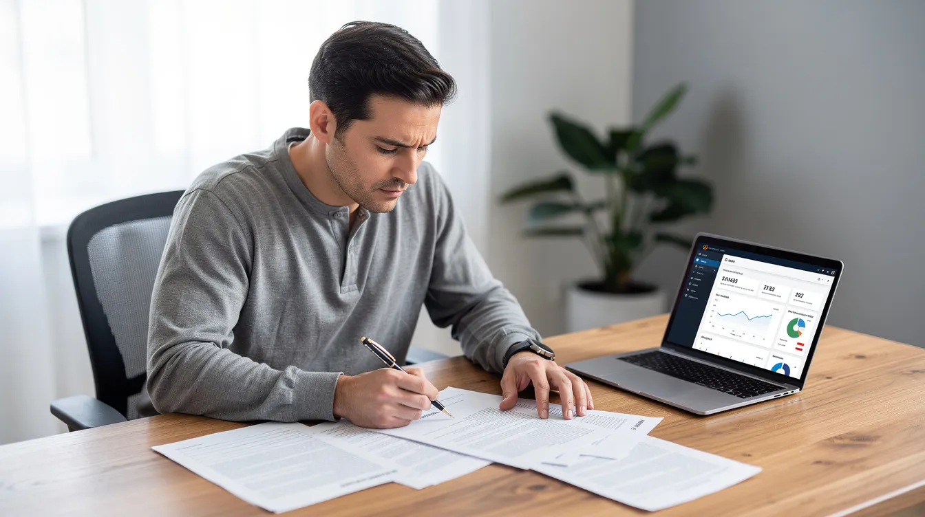 f0e0dc17 1119 4e93 a1f7 0856ad02f985 A small business owner is seated at a desk, reviewing loan documents on a laptop, highlighting the importance of financial paperwork in securing funding through mudra loans. The scene captures the essence of business transactions and the preparation involved in applying for a loan to support business activities.