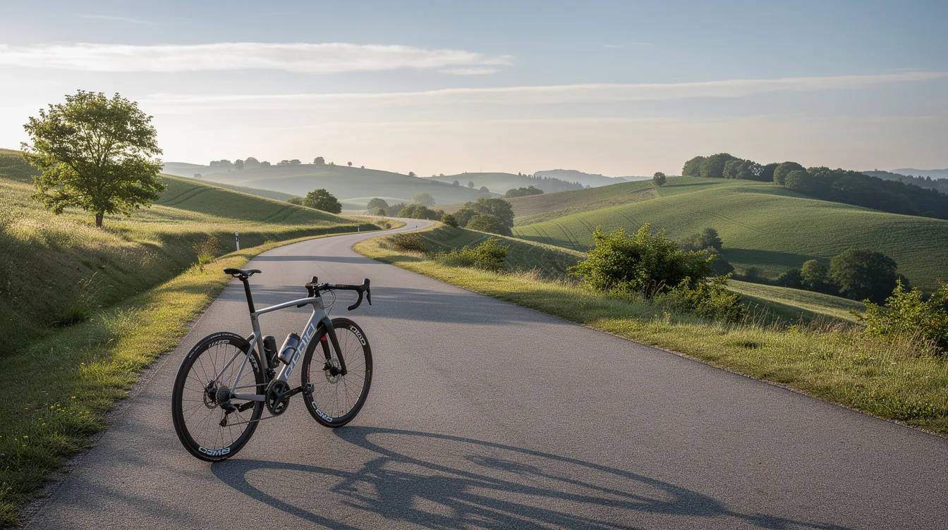 Een racefiets staat op een rustige weg omringd door een heuvelachtig landschap, met groene heuvels en een blauwe lucht op de achtergrond. Dit beeld roept een gevoel van avontuur en vrijheid op, perfect voor de jonge ondernemer Kees die graag samen met zijn compagnon de natuur verkent.
