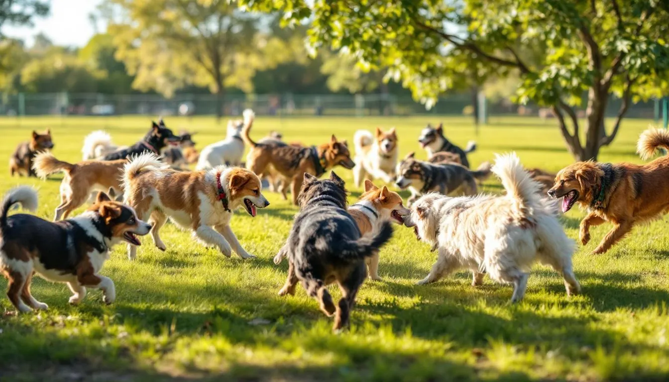 In the image, several dogs are interacting playfully at a dog park, illustrating potential scenarios for the transmission of skin diseases such as sarcoptic mange and demodectic mange. The scene captures the importance of monitoring canine health, as these conditions can lead to severe itching and hair loss in affected dogs.