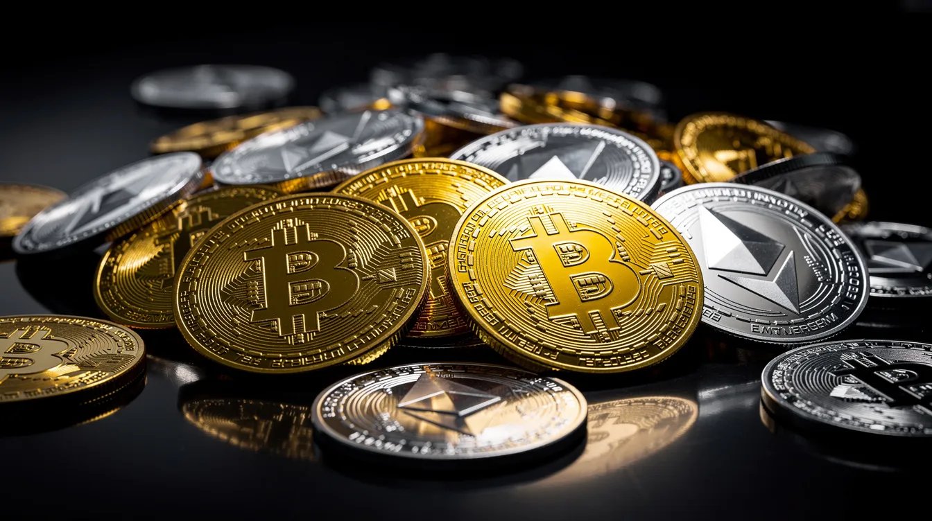 The image features gold and silver cryptocurrency coins, specifically Bitcoin and Ethereum, resting on a dark reflective surface, highlighting their shiny textures and intricate designs. This representation of digital currency reflects the growing interest in online casinos and non Gamstop casinos, where players can engage in various casino games and enjoy responsible gambling tools.