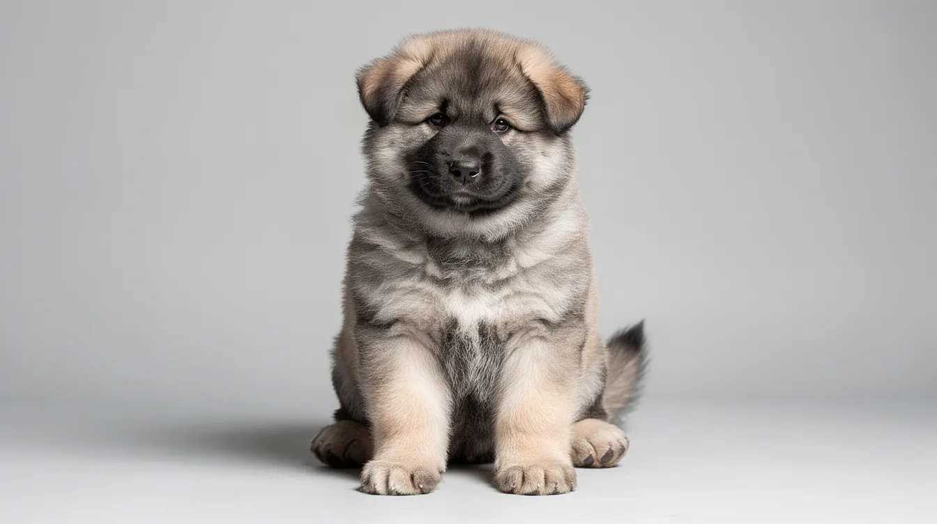 A playful Caucasian Shepherd Dog puppy, known for its thick double coat and muscular build, is sitting on a grassy surface, showcasing its adorable features and curious expression. This gentle yet protective breed, originally bred in the Caucasus mountains, is a perfect companion for families and makes an excellent guard dog.