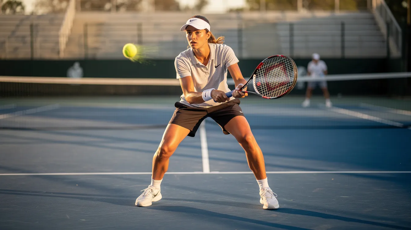A focused tennis player in an athletic stance stands on a hard court, ready to hit the ball with a semi-western grip, while tracking an incoming shot mid-flight. The blurred opponent in the background indicates the competitive nature of the game, as the player prepares to generate power and control the next shot.