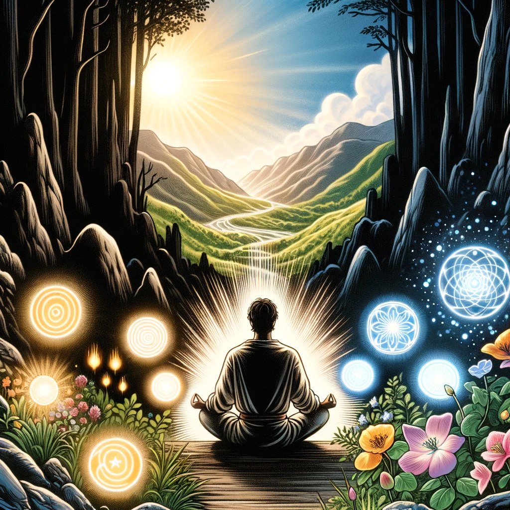 The scene shows an individual in a meditative pose within a tranquil natural setting, symbolizing the start of emotional healing. They are surrounded by symbols of energy healing, such as glowing orbs or soft light radiating from their hands, indicating the beneficial impact on physical and mental health. The background features a path transitioning from dark, rocky terrain to a lush, sunny valley, representing the shift from mental distress to recovery and solace. This scene encapsulates the essence of finding renewed faith and understanding karmic lessons, highlighting the valleys and peaks of a spiritual journey.