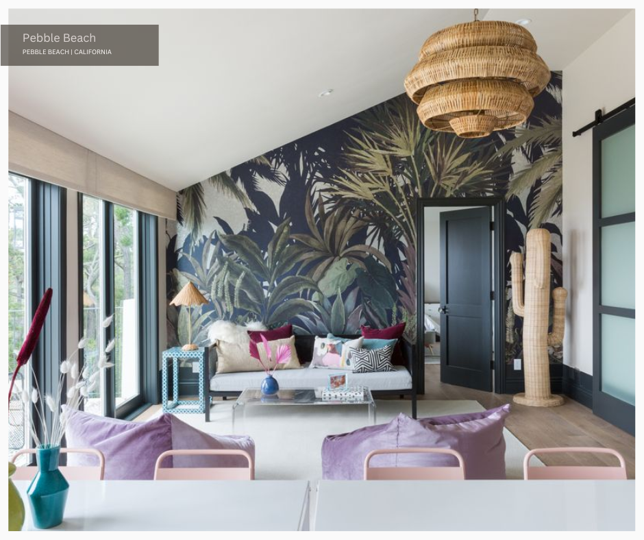 Jungle wallpaper and lilac beanbag chairs with a bold light fixture in a homework room