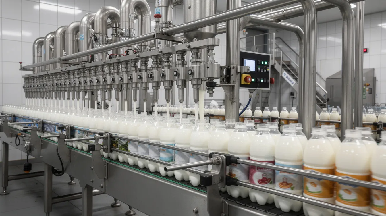 f0e6f3d2 134d 4904 9368 afbfea57ef69 The image depicts an automated bottling and filling line in a dairy beverage manufacturing plant, featuring PET bottles moving along a conveyor belt. This setup highlights the efficiency of the production process in a dairy business, ensuring consistent quality and adherence to food safety regulations.