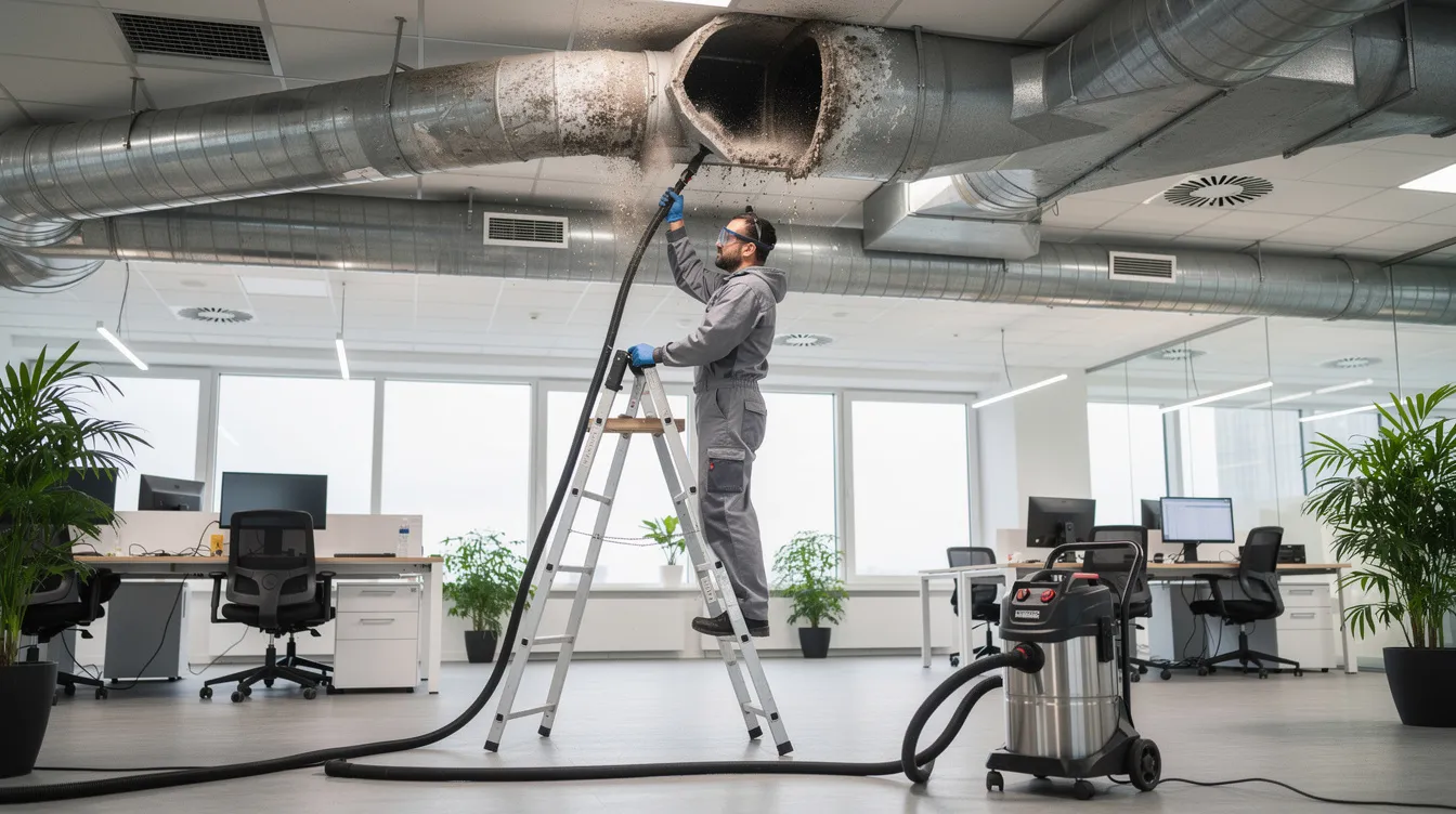 En professionel tekniker udfører en grundig rensning af ventilationskanaler i en virksomhed for at sikre et sundt indeklima. Denne vedligeholdelse af dit ventilationssystem fjerner støv og skimmelsvamp, hvilket bidrager til bedre luftkvalitet og et sundere indeklima.