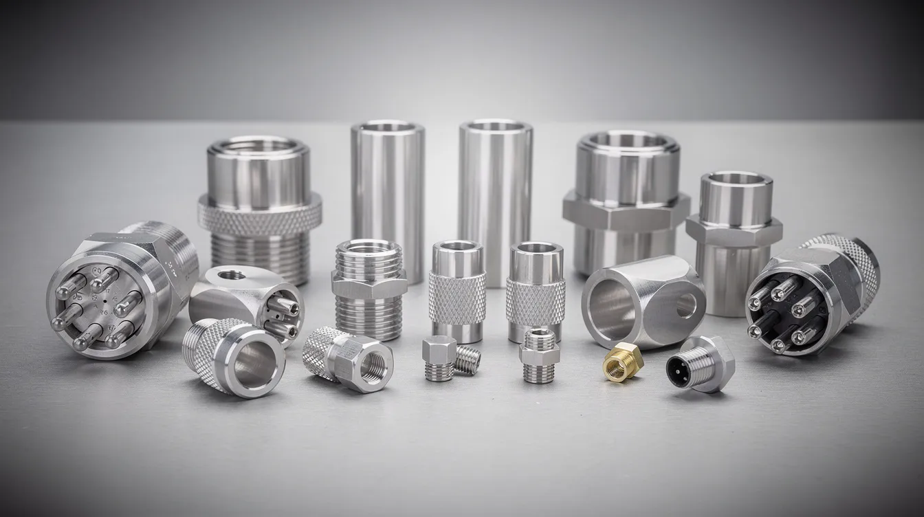 The image shows a workbench filled with a collection of precision-turned metal parts, including shafts, threaded fittings, and connectors, showcasing the results of the CNC lathe machining process. These intricate components highlight the exceptional accuracy and tight tolerances achieved by computer numerical control lathe machines in various manufacturing processes.
