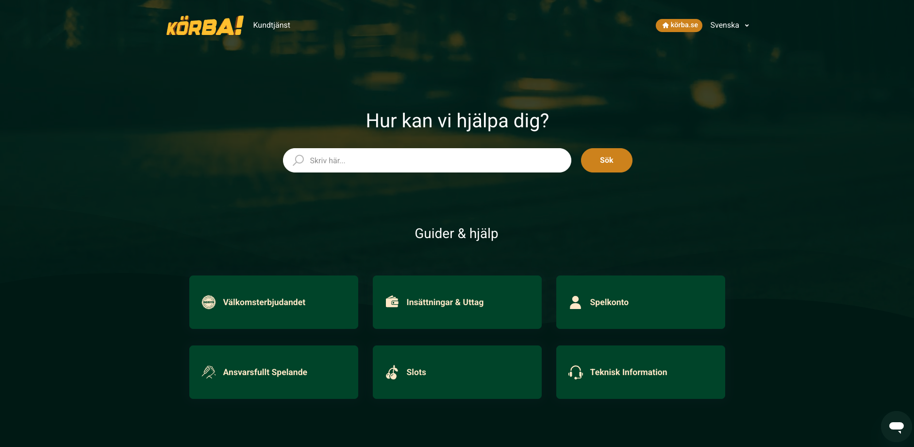Körbas hjälpcenter med sökfält och kategorier för vanliga supportfrågor.