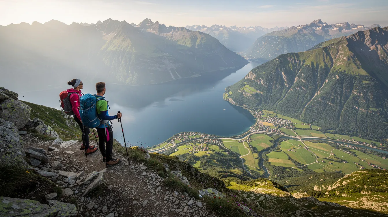Zwei Wanderer auf einem felsigen Bergpfad blicken auf einen großen blauen See, der weit unter ihnen liegt, umgeben von grünen Tälern und verstreuten Dörfern. Diese Landschaft erinnert an einen Urlaub am Gardasee, wo die Natur und die Berge ein atemberaubendes Reiseziel bieten.