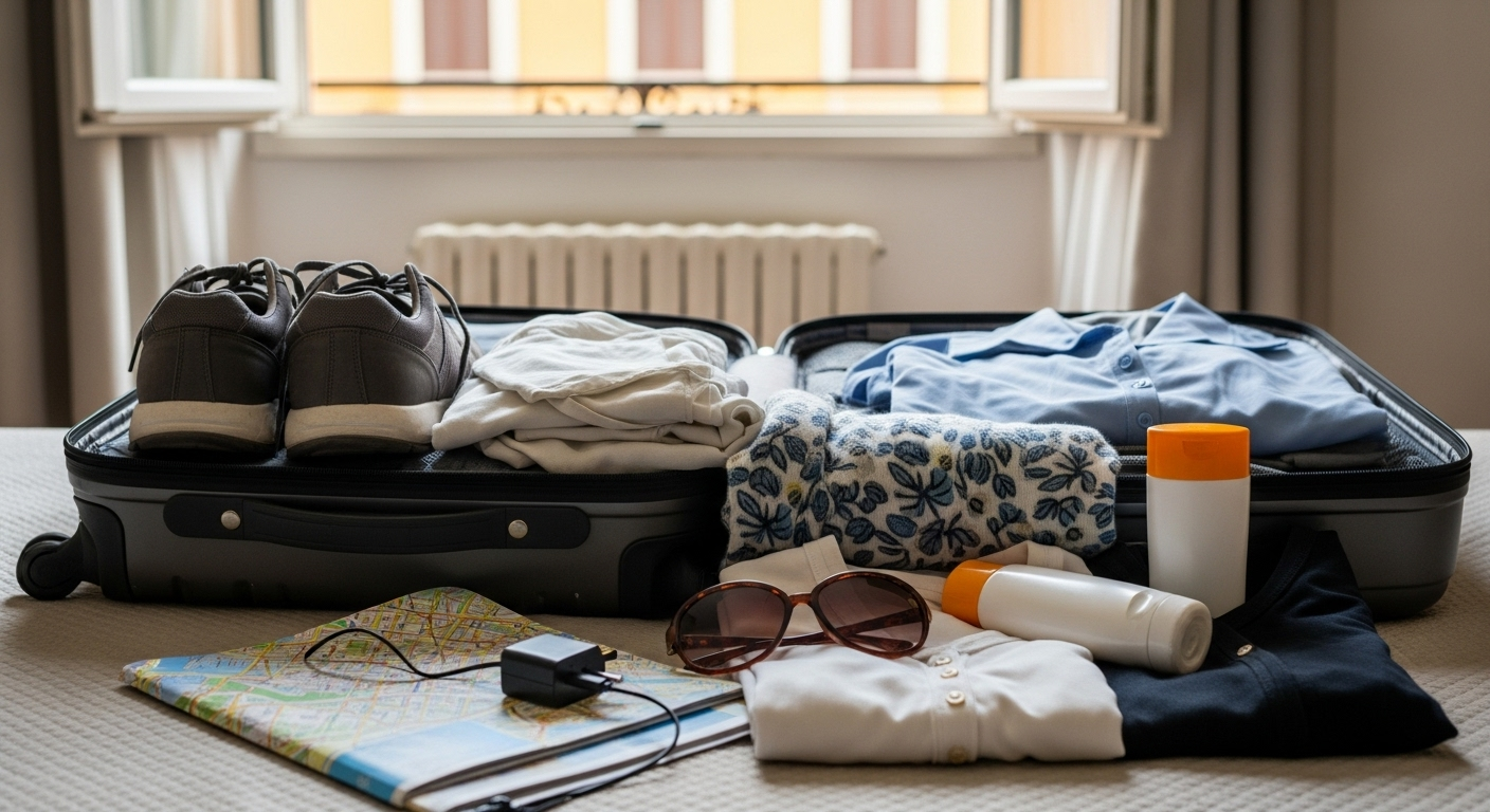 An open suitcase packed with comfortable shoes, light clothing, and travel essentials in a Rome accommodation, ready for walking, changing weather, and sightseeing in the city.