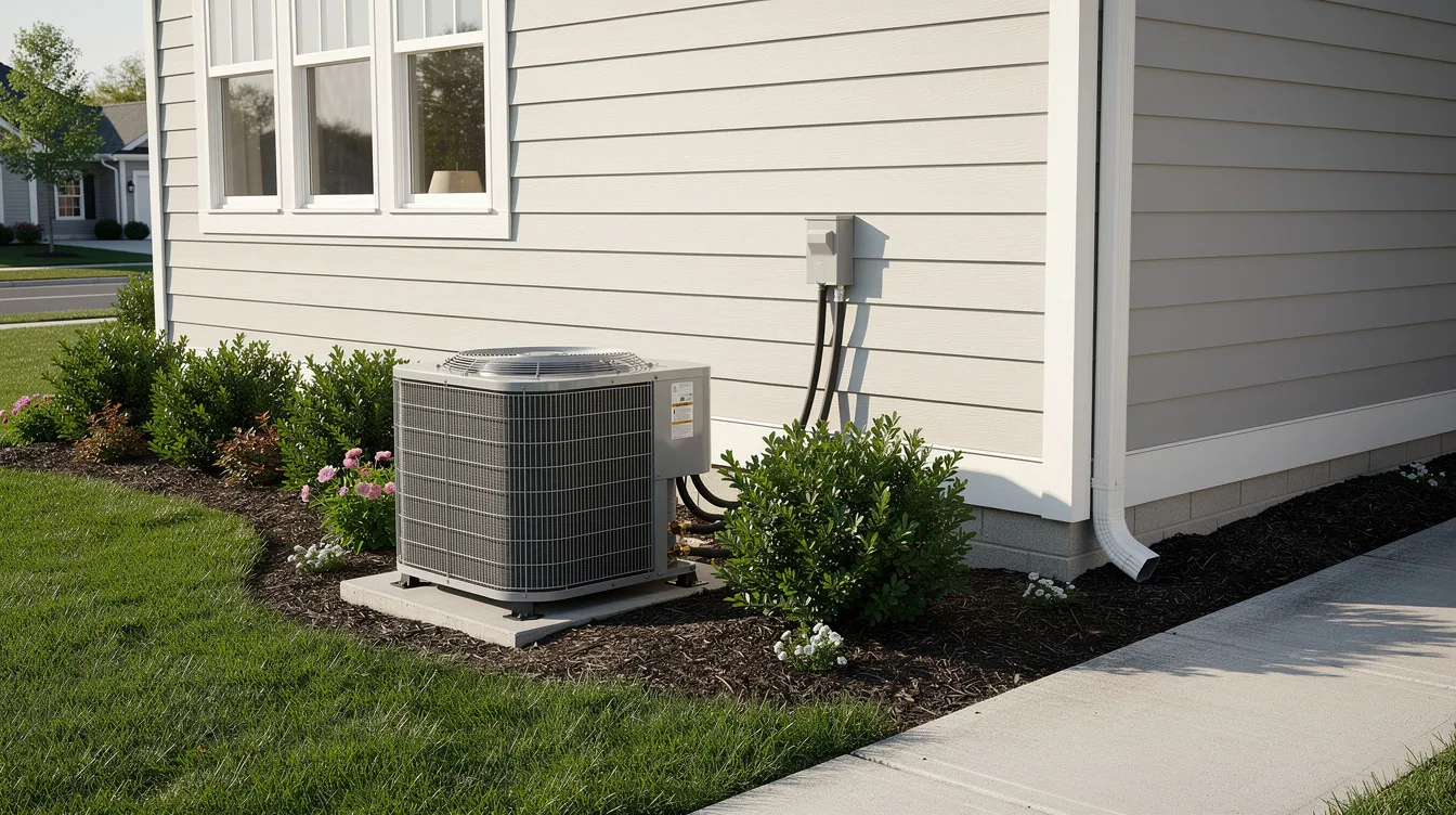 The image shows an outdoor AC condenser unit installed next to a residential home, surrounded by well-maintained landscaping. This central air conditioning unit is designed for energy efficiency, contributing to improved indoor air quality and potentially lowering energy bills.