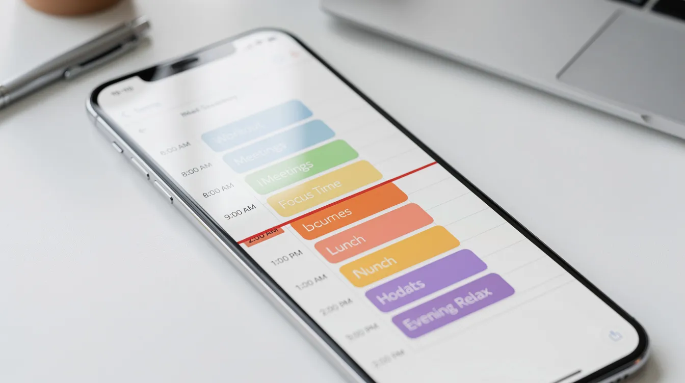 The image displays a calendar app featuring colorful time blocks that represent various activities scheduled throughout the day, illustrating the timeboxing time management technique. Each block indicates a dedicated time period for specific tasks, helping users maintain focus and track progress while managing their time effectively.